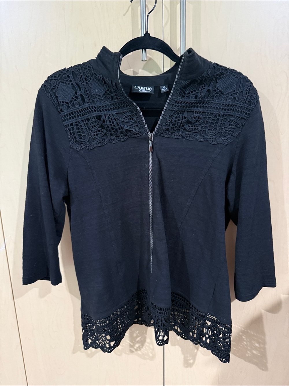 Onque Casuals Black Crochet-Trim Zip Front Pullover